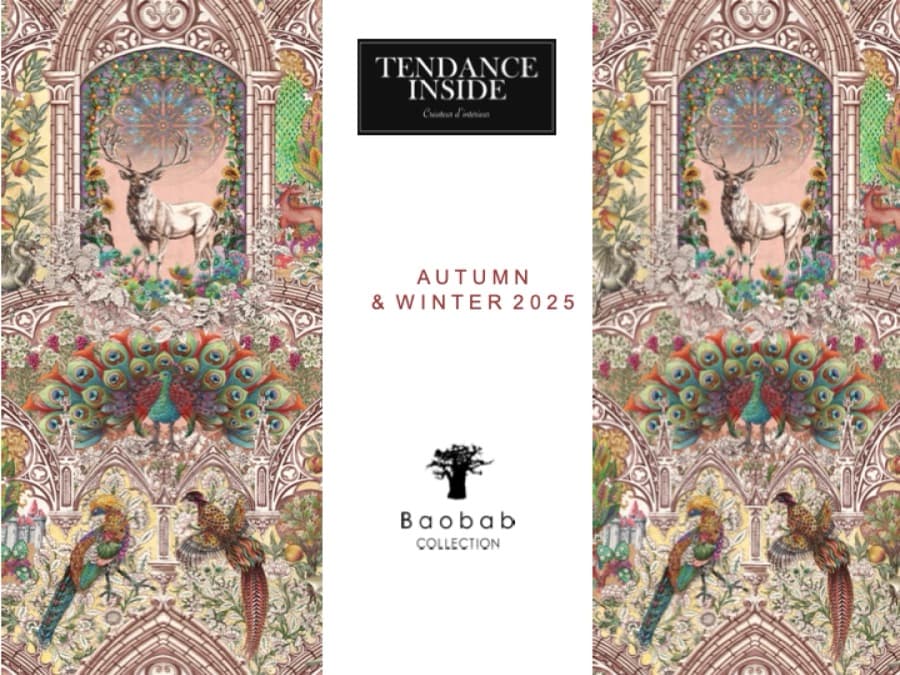 Couverture du catalogue Baobab Collection 2025–2026 par Tendance Inside : fresque botanique aux cerfs, paons et faisans