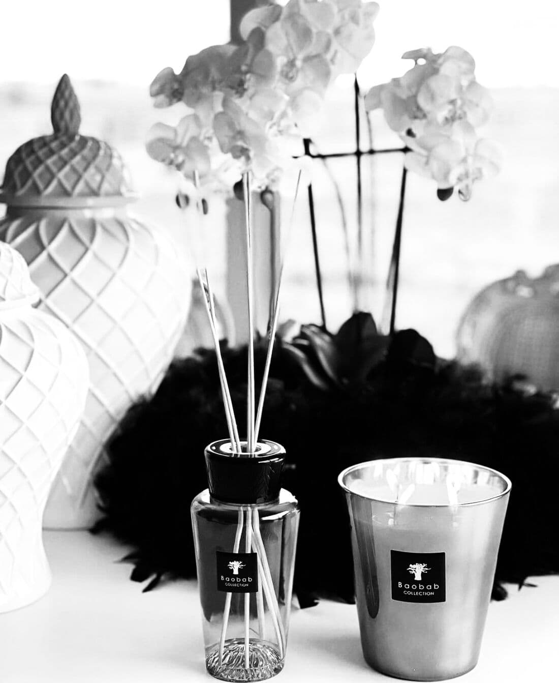 Diffuseur et bougie Baobab Collection entre vases sculptés et orchidées